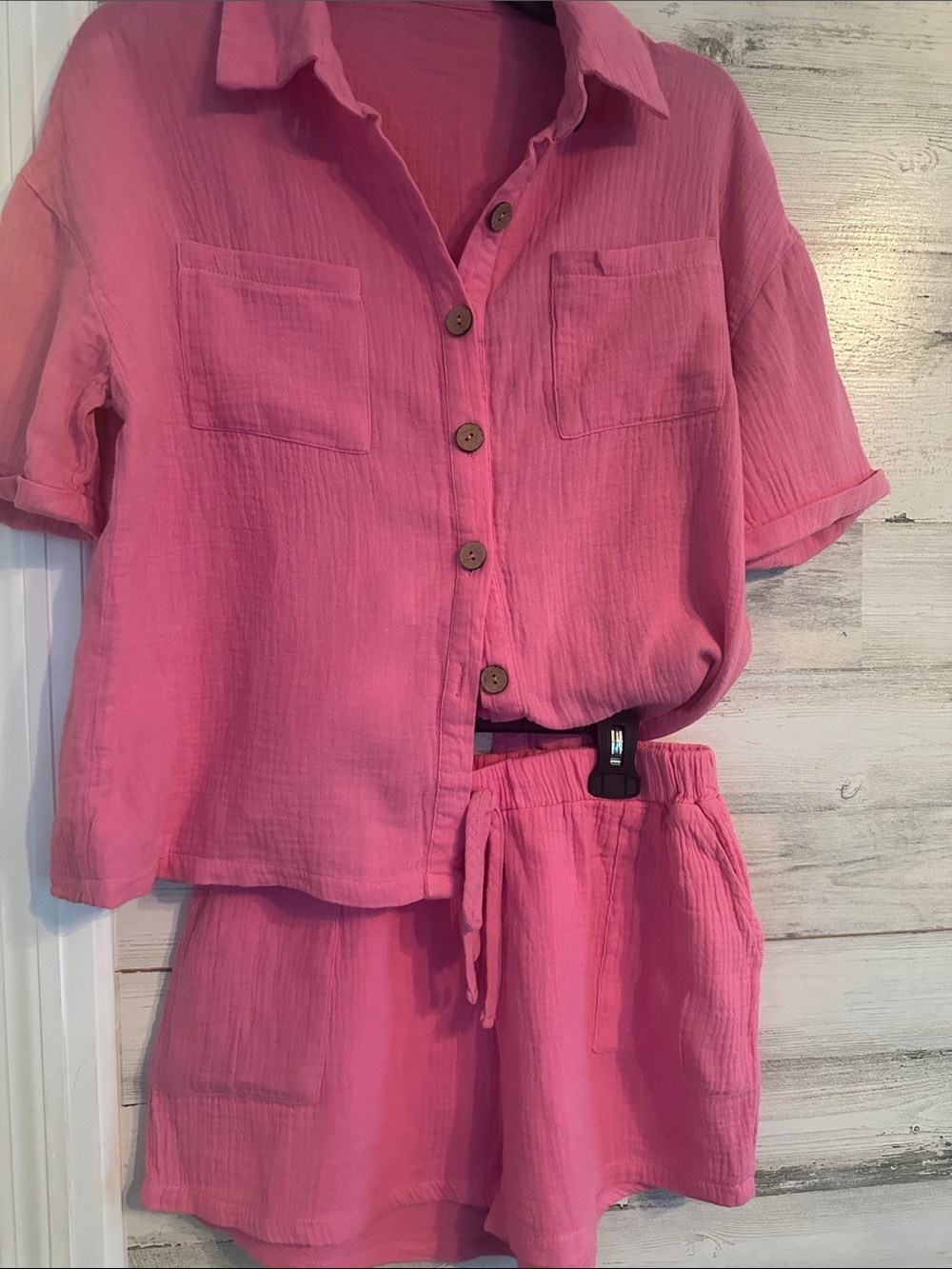 SHEIN Hot Pink Button-Up Shirt & Drawstring Shorts Set